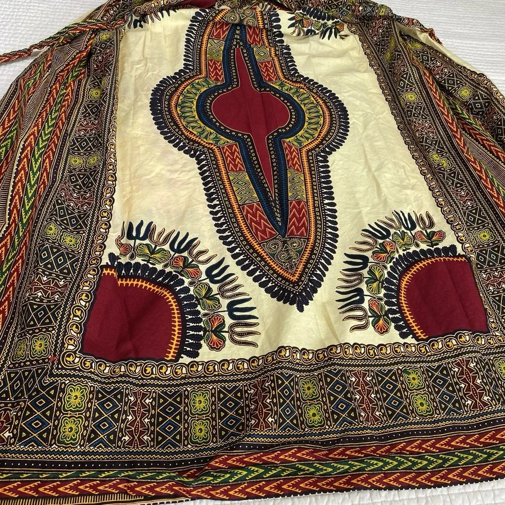 African Print Womens Tie Front Long Maxi Skirt Size S Pockets Festival Colorful